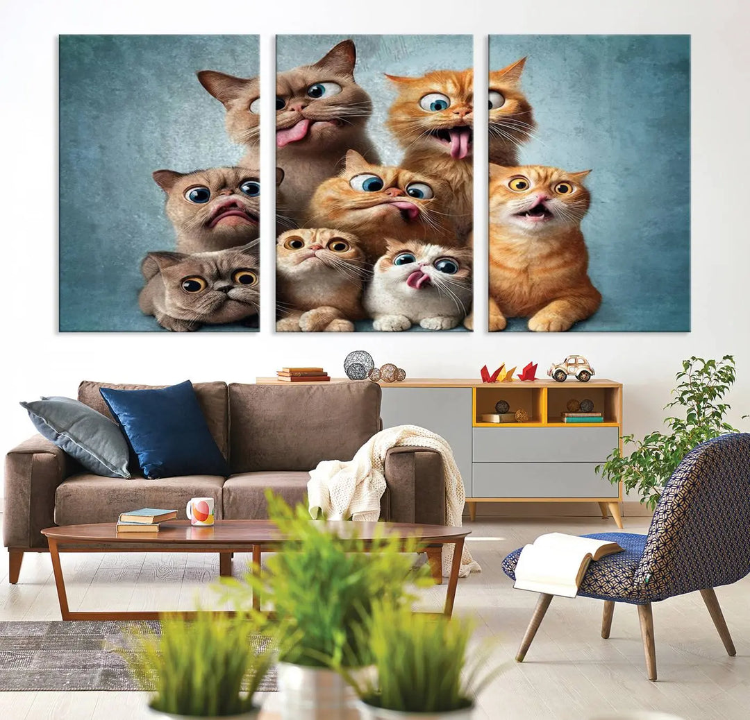 The Fanny Cats Wall Art Canvas Print, featuring nine cartoon cats pulling playful faces in Pixar style, is a whimsical addition to the room. This comic cat print offers vibrant detail on museum-quality canvas thanks to high-resolution printing, expertly crafted by professional craftsmen.