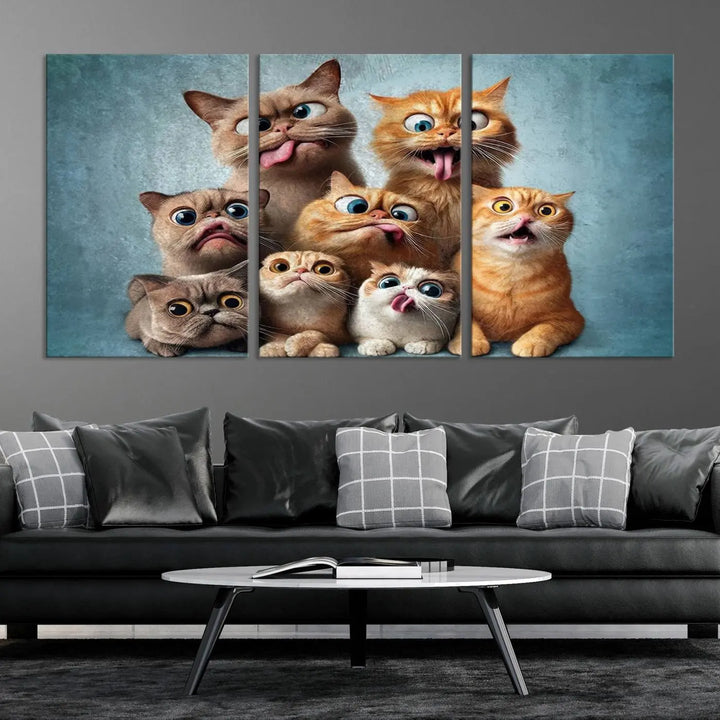 The Fanny Cats Wall Art Canvas Print, featuring nine cartoon cats pulling playful faces in Pixar style, is a whimsical addition to the room. This comic cat print offers vibrant detail on museum-quality canvas thanks to high-resolution printing, expertly crafted by professional craftsmen.