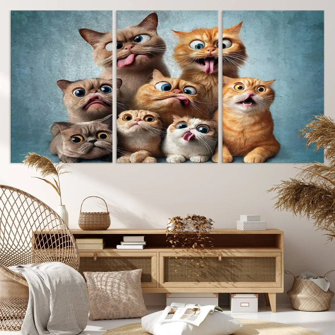 The Fanny Cats Wall Art Canvas Print, featuring nine cartoon cats pulling playful faces in Pixar style, is a whimsical addition to the room. This comic cat print offers vibrant detail on museum-quality canvas thanks to high-resolution printing, expertly crafted by professional craftsmen.