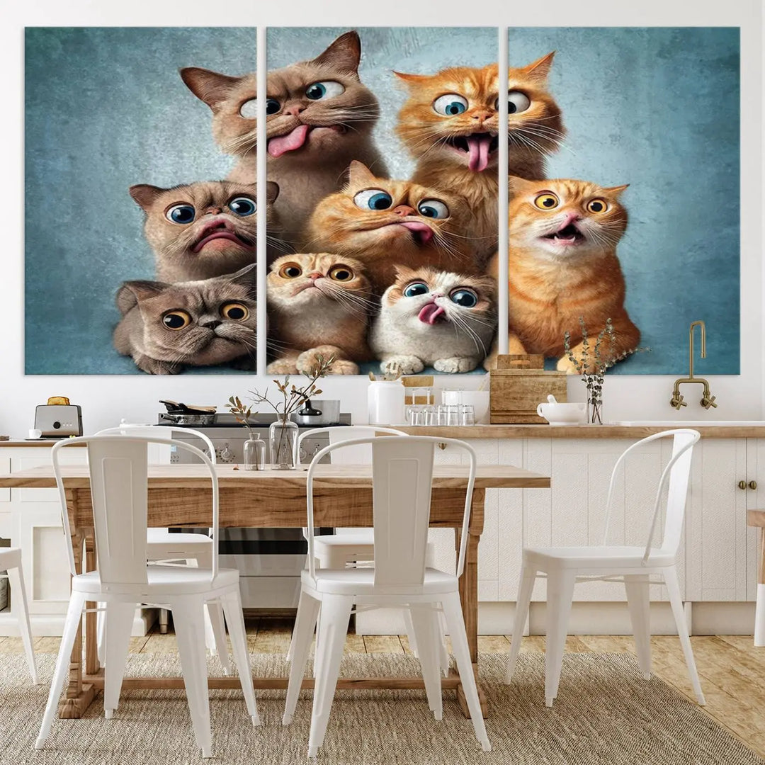 The Fanny Cats Wall Art Canvas Print, featuring nine cartoon cats pulling playful faces in Pixar style, is a whimsical addition to the room. This comic cat print offers vibrant detail on museum-quality canvas thanks to high-resolution printing, expertly crafted by professional craftsmen.