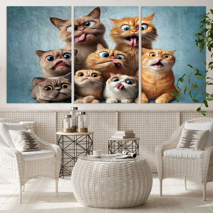 The Fanny Cats Wall Art Canvas Print, featuring nine cartoon cats pulling playful faces in Pixar style, is a whimsical addition to the room. This comic cat print offers vibrant detail on museum-quality canvas thanks to high-resolution printing, expertly crafted by professional craftsmen.