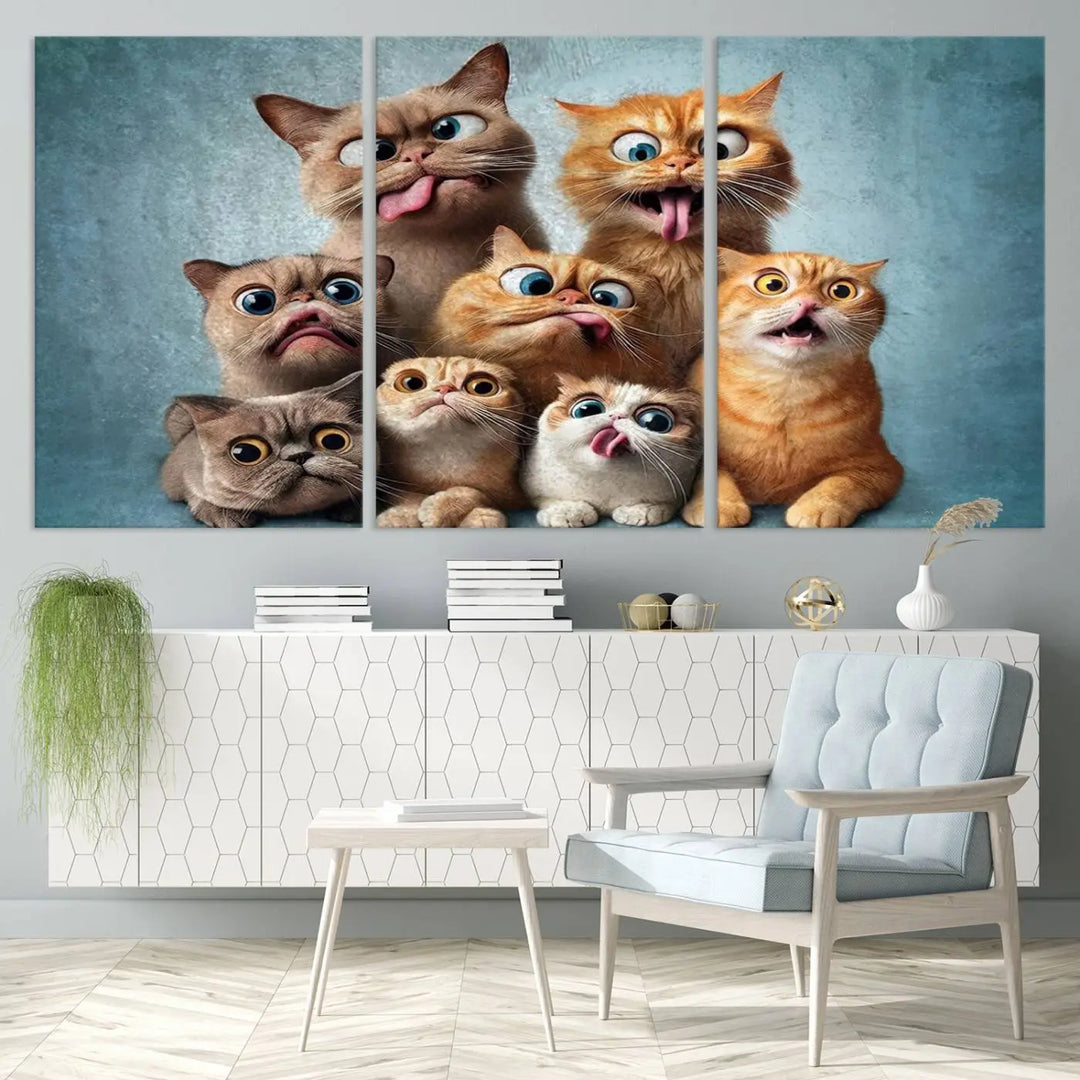 The Fanny Cats Wall Art Canvas Print, featuring nine cartoon cats pulling playful faces in Pixar style, is a whimsical addition to the room. This comic cat print offers vibrant detail on museum-quality canvas thanks to high-resolution printing, expertly crafted by professional craftsmen.