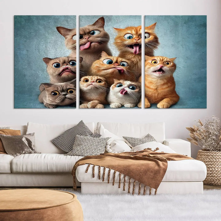 The Fanny Cats Wall Art Canvas Print, featuring nine cartoon cats pulling playful faces in Pixar style, is a whimsical addition to the room. This comic cat print offers vibrant detail on museum-quality canvas thanks to high-resolution printing, expertly crafted by professional craftsmen.