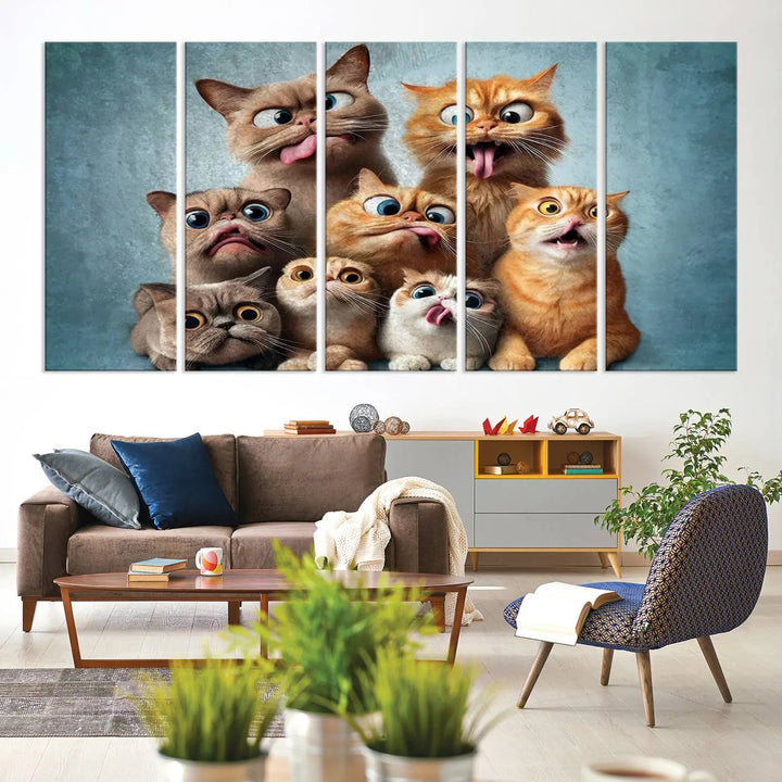 The Fanny Cats Wall Art Canvas Print, featuring nine cartoon cats pulling playful faces in Pixar style, is a whimsical addition to the room. This comic cat print offers vibrant detail on museum-quality canvas thanks to high-resolution printing, expertly crafted by professional craftsmen.