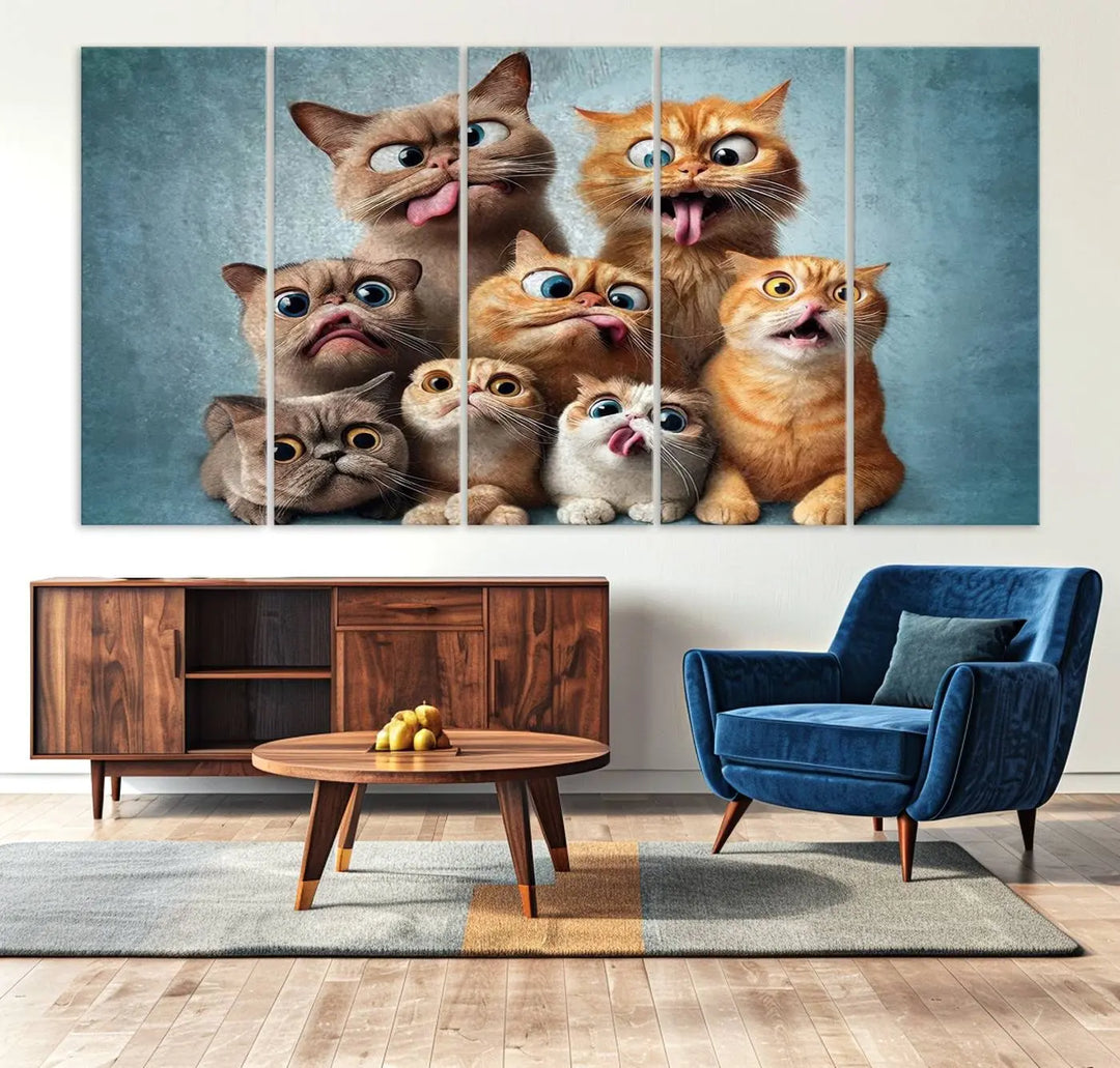 The Fanny Cats Wall Art Canvas Print, featuring nine cartoon cats pulling playful faces in Pixar style, is a whimsical addition to the room. This comic cat print offers vibrant detail on museum-quality canvas thanks to high-resolution printing, expertly crafted by professional craftsmen.