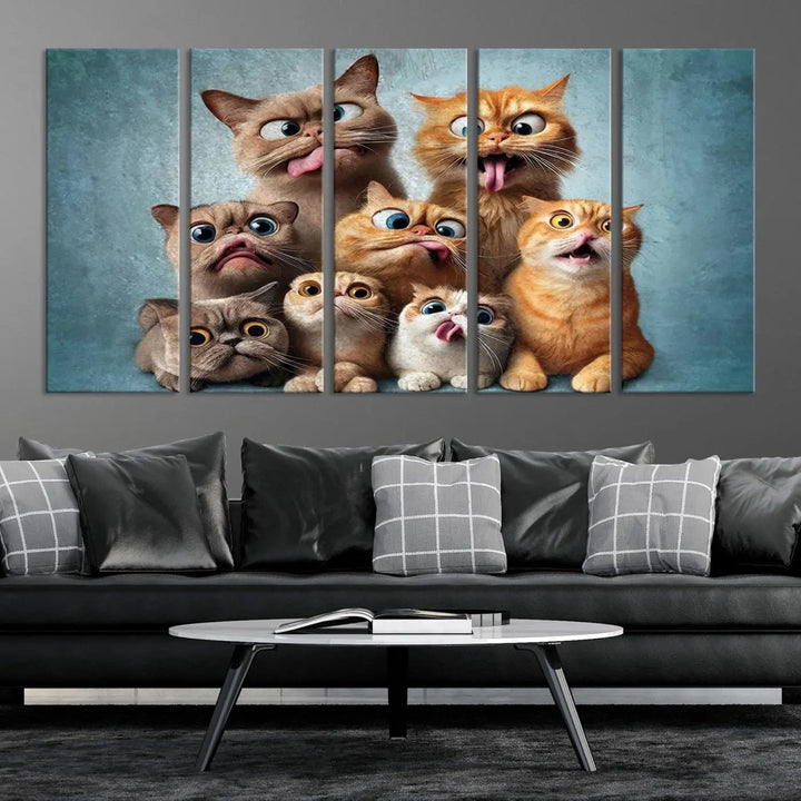 The Fanny Cats Wall Art Canvas Print, featuring nine cartoon cats pulling playful faces in Pixar style, is a whimsical addition to the room. This comic cat print offers vibrant detail on museum-quality canvas thanks to high-resolution printing, expertly crafted by professional craftsmen.