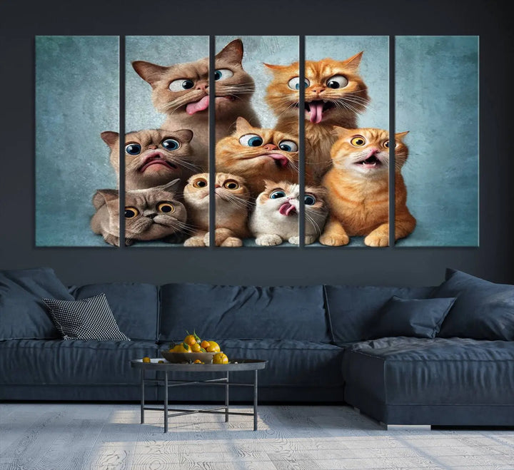 The Fanny Cats Wall Art Canvas Print, featuring nine cartoon cats pulling playful faces in Pixar style, is a whimsical addition to the room. This comic cat print offers vibrant detail on museum-quality canvas thanks to high-resolution printing, expertly crafted by professional craftsmen.