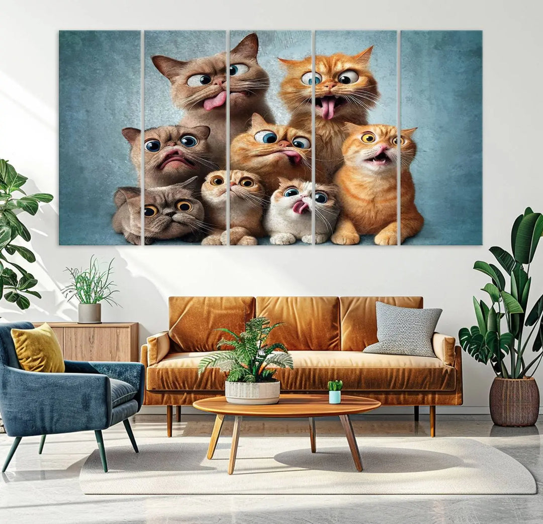 The Fanny Cats Wall Art Canvas Print, featuring nine cartoon cats pulling playful faces in Pixar style, is a whimsical addition to the room. This comic cat print offers vibrant detail on museum-quality canvas thanks to high-resolution printing, expertly crafted by professional craftsmen.