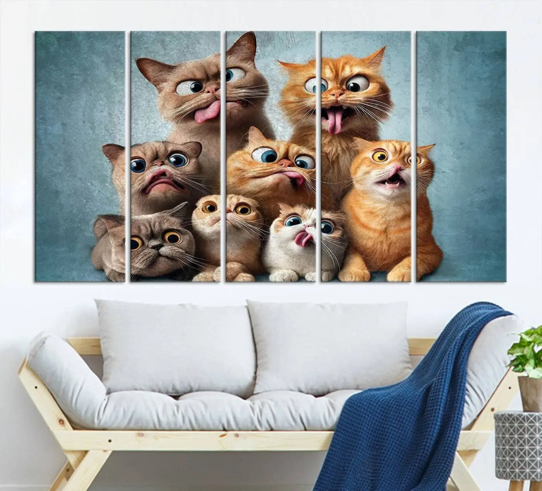 The Fanny Cats Wall Art Canvas Print, featuring nine cartoon cats pulling playful faces in Pixar style, is a whimsical addition to the room. This comic cat print offers vibrant detail on museum-quality canvas thanks to high-resolution printing, expertly crafted by professional craftsmen.