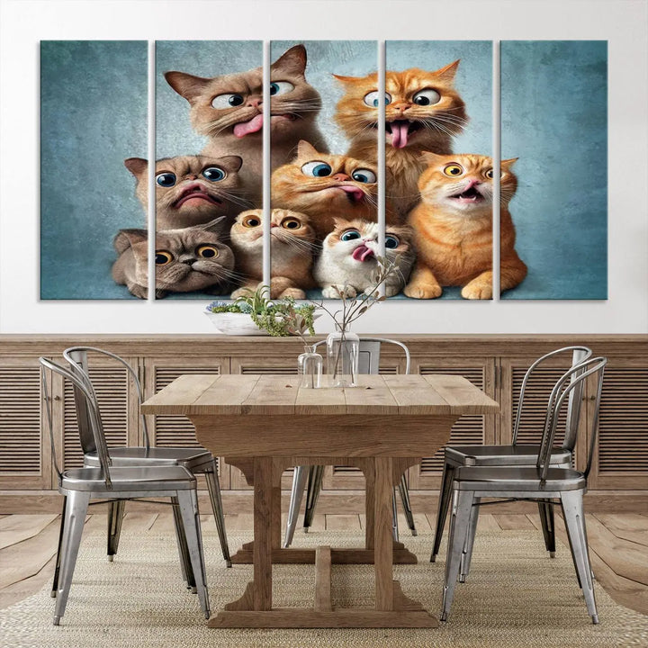 The Fanny Cats Wall Art Canvas Print, featuring nine cartoon cats pulling playful faces in Pixar style, is a whimsical addition to the room. This comic cat print offers vibrant detail on museum-quality canvas thanks to high-resolution printing, expertly crafted by professional craftsmen.