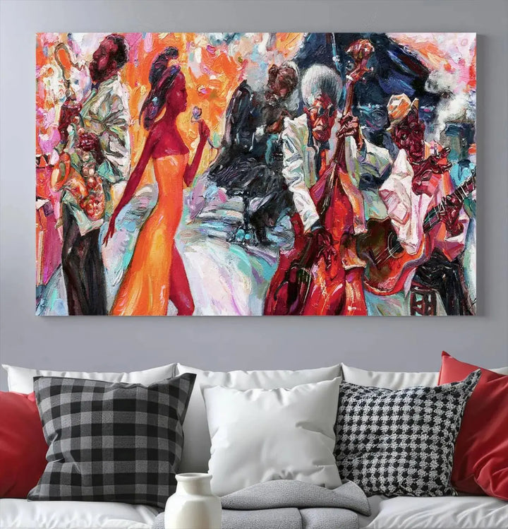 The Fantastic Abstract Jazz Band Music Canvas Wall Art Prints, featuring a UV-protective coating and crafted on museum-quality canvas, hang against a dark wall. These vibrant pieces come ready to hang and infuse an artistic flair into the living space.