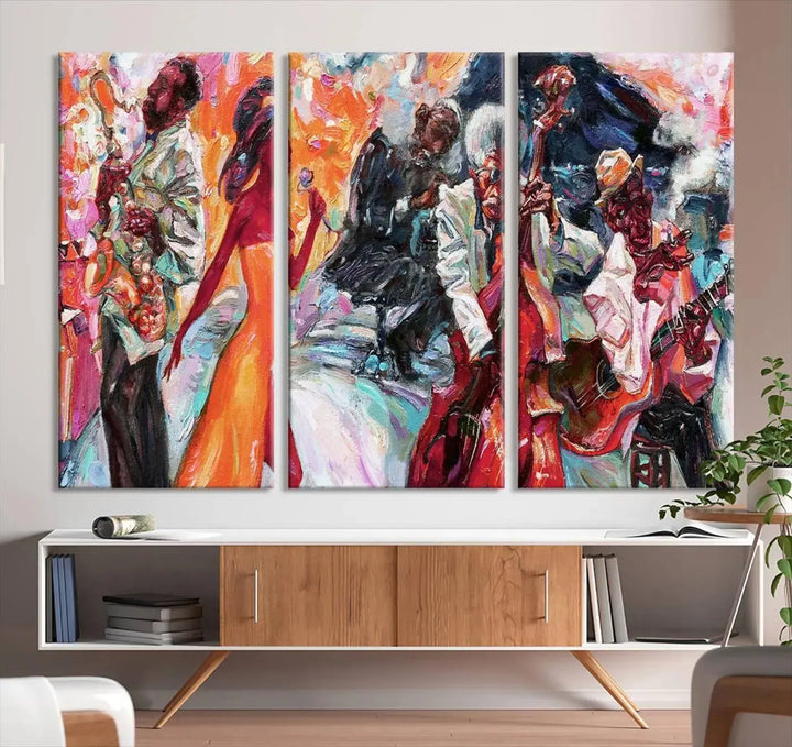 The Fantastic Abstract Jazz Band Music Canvas Wall Art Prints, featuring a UV-protective coating and crafted on museum-quality canvas, hang against a dark wall. These vibrant pieces come ready to hang and infuse an artistic flair into the living space.