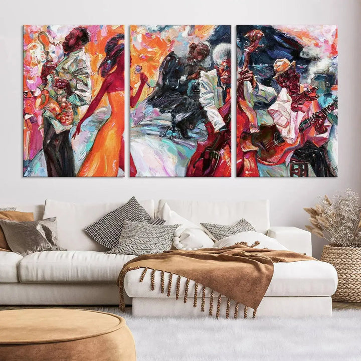 The Fantastic Abstract Jazz Band Music Canvas Wall Art Prints, featuring a UV-protective coating and crafted on museum-quality canvas, hang against a dark wall. These vibrant pieces come ready to hang and infuse an artistic flair into the living space.