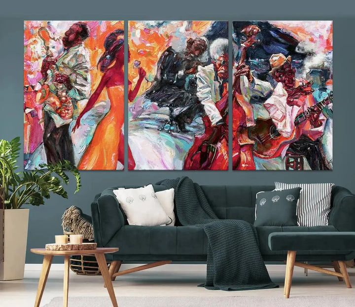 The Fantastic Abstract Jazz Band Music Canvas Wall Art Prints, featuring a UV-protective coating and crafted on museum-quality canvas, hang against a dark wall. These vibrant pieces come ready to hang and infuse an artistic flair into the living space.