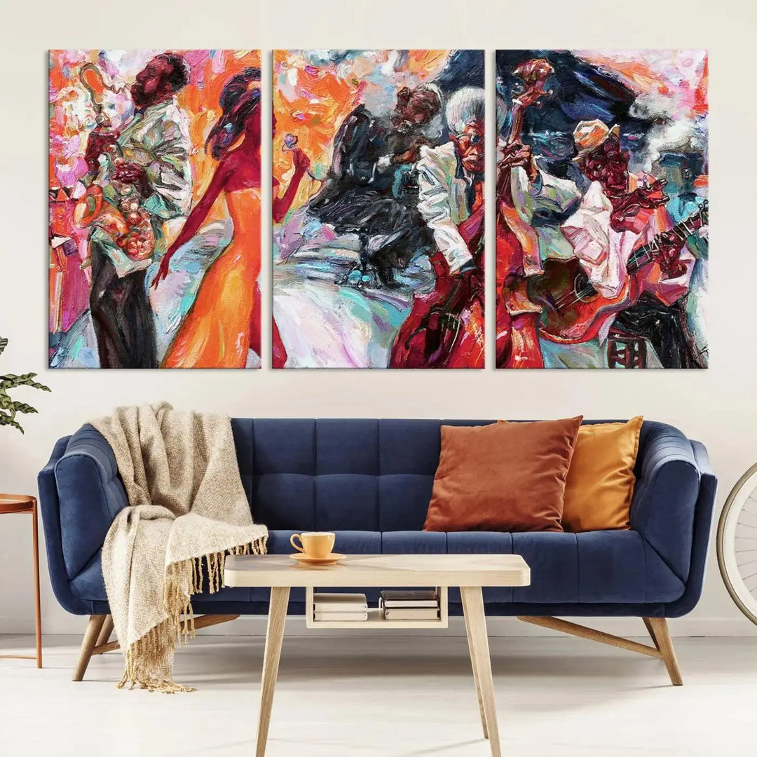 The Fantastic Abstract Jazz Band Music Canvas Wall Art Prints, featuring a UV-protective coating and crafted on museum-quality canvas, hang against a dark wall. These vibrant pieces come ready to hang and infuse an artistic flair into the living space.