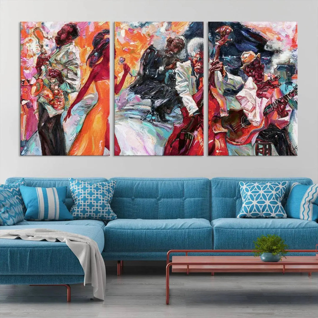 The Fantastic Abstract Jazz Band Music Canvas Wall Art Prints, featuring a UV-protective coating and crafted on museum-quality canvas, hang against a dark wall. These vibrant pieces come ready to hang and infuse an artistic flair into the living space.