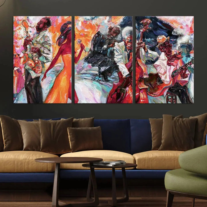 The Fantastic Abstract Jazz Band Music Canvas Wall Art Prints, featuring a UV-protective coating and crafted on museum-quality canvas, hang against a dark wall. These vibrant pieces come ready to hang and infuse an artistic flair into the living space.