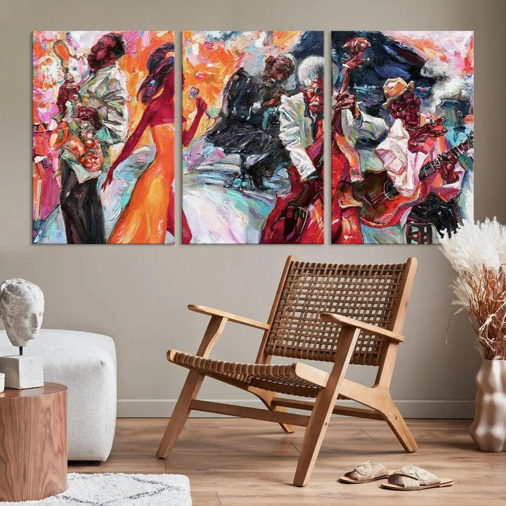 The Fantastic Abstract Jazz Band Music Canvas Wall Art Prints, featuring a UV-protective coating and crafted on museum-quality canvas, hang against a dark wall. These vibrant pieces come ready to hang and infuse an artistic flair into the living space.