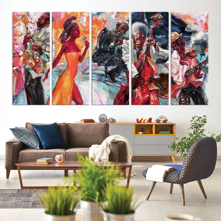 The Fantastic Abstract Jazz Band Music Canvas Wall Art Prints, featuring a UV-protective coating and crafted on museum-quality canvas, hang against a dark wall. These vibrant pieces come ready to hang and infuse an artistic flair into the living space.