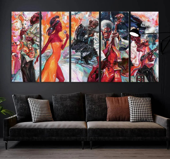 The Fantastic Abstract Jazz Band Music Canvas Wall Art Prints, featuring a UV-protective coating and crafted on museum-quality canvas, hang against a dark wall. These vibrant pieces come ready to hang and infuse an artistic flair into the living space.