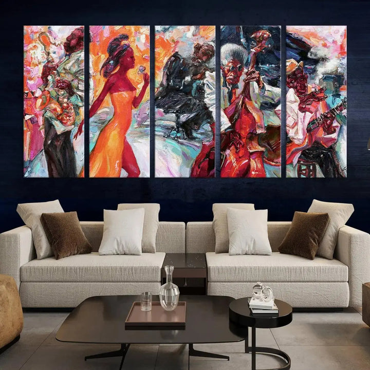 The Fantastic Abstract Jazz Band Music Canvas Wall Art Prints, featuring a UV-protective coating and crafted on museum-quality canvas, hang against a dark wall. These vibrant pieces come ready to hang and infuse an artistic flair into the living space.