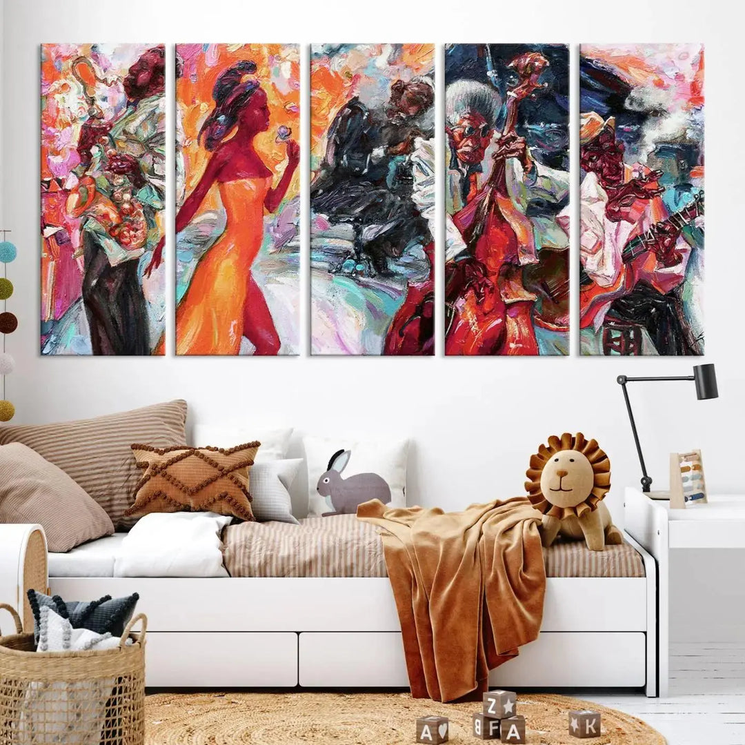 The Fantastic Abstract Jazz Band Music Canvas Wall Art Prints, featuring a UV-protective coating and crafted on museum-quality canvas, hang against a dark wall. These vibrant pieces come ready to hang and infuse an artistic flair into the living space.