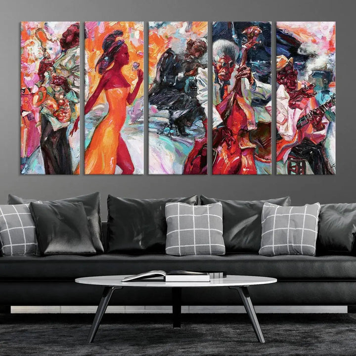 The Fantastic Abstract Jazz Band Music Canvas Wall Art Prints, featuring a UV-protective coating and crafted on museum-quality canvas, hang against a dark wall. These vibrant pieces come ready to hang and infuse an artistic flair into the living space.