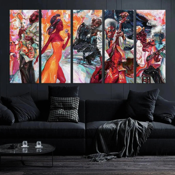 The Fantastic Abstract Jazz Band Music Canvas Wall Art Prints, featuring a UV-protective coating and crafted on museum-quality canvas, hang against a dark wall. These vibrant pieces come ready to hang and infuse an artistic flair into the living space.