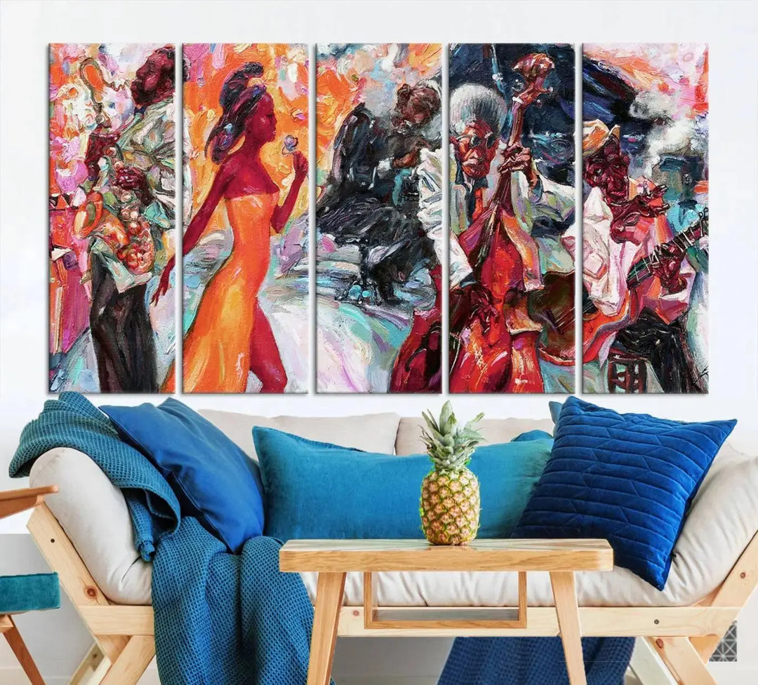 The Fantastic Abstract Jazz Band Music Canvas Wall Art Prints, featuring a UV-protective coating and crafted on museum-quality canvas, hang against a dark wall. These vibrant pieces come ready to hang and infuse an artistic flair into the living space.