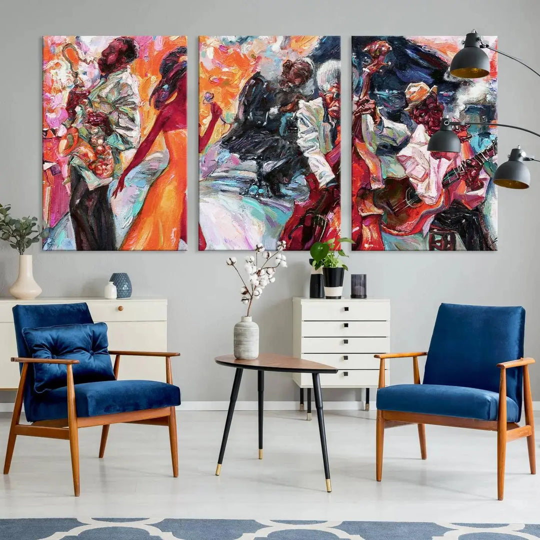 The Fantastic Abstract Jazz Band Music Canvas Wall Art Prints, featuring a UV-protective coating and crafted on museum-quality canvas, hang against a dark wall. These vibrant pieces come ready to hang and infuse an artistic flair into the living space.