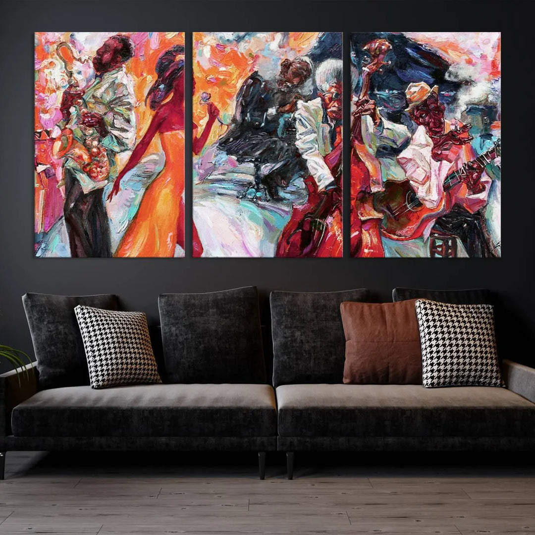 The Fantastic Abstract Jazz Band Music Canvas Wall Art Prints, featuring a UV-protective coating and crafted on museum-quality canvas, hang against a dark wall. These vibrant pieces come ready to hang and infuse an artistic flair into the living space.