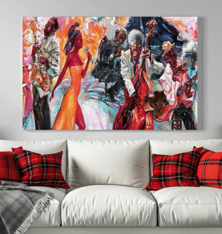 The Fantastic Abstract Jazz Band Music Canvas Wall Art Prints, featuring a UV-protective coating and crafted on museum-quality canvas, hang against a dark wall. These vibrant pieces come ready to hang and infuse an artistic flair into the living space.