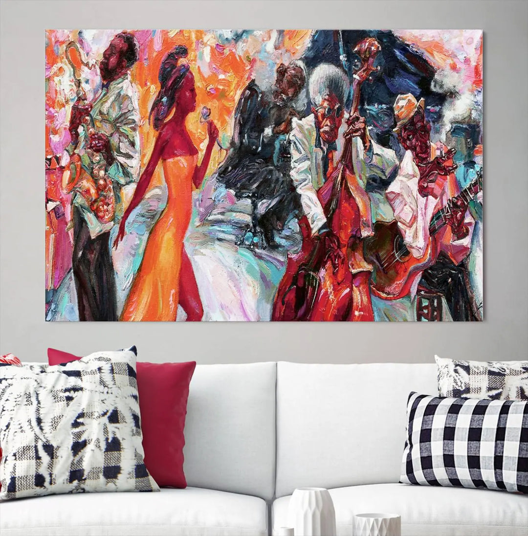 The Fantastic Abstract Jazz Band Music Canvas Wall Art Prints, featuring a UV-protective coating and crafted on museum-quality canvas, hang against a dark wall. These vibrant pieces come ready to hang and infuse an artistic flair into the living space.