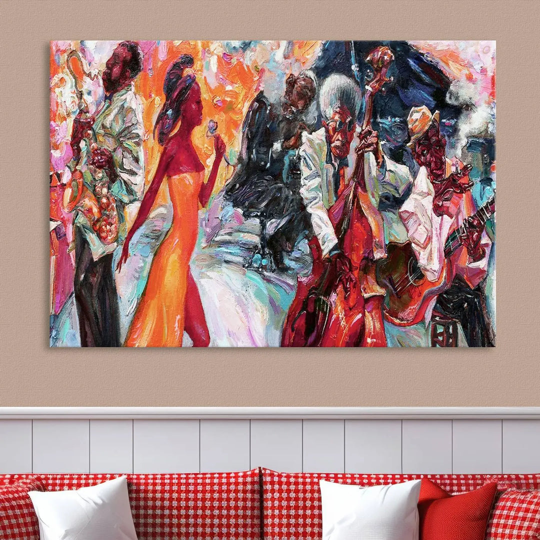 The Fantastic Abstract Jazz Band Music Canvas Wall Art Prints, featuring a UV-protective coating and crafted on museum-quality canvas, hang against a dark wall. These vibrant pieces come ready to hang and infuse an artistic flair into the living space.