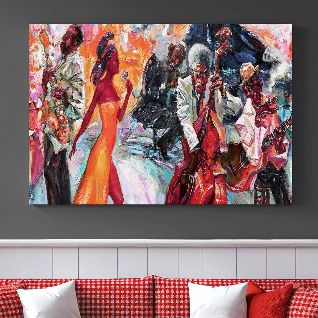 The Fantastic Abstract Jazz Band Music Canvas Wall Art Prints, featuring a UV-protective coating and crafted on museum-quality canvas, hang against a dark wall. These vibrant pieces come ready to hang and infuse an artistic flair into the living space.