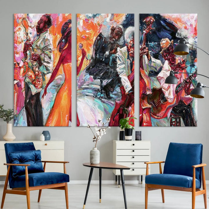 The Fantastic Abstract Jazz Band Music Canvas Wall Art Prints, featuring a UV-protective coating and crafted on museum-quality canvas, hang against a dark wall. These vibrant pieces come ready to hang and infuse an artistic flair into the living space.