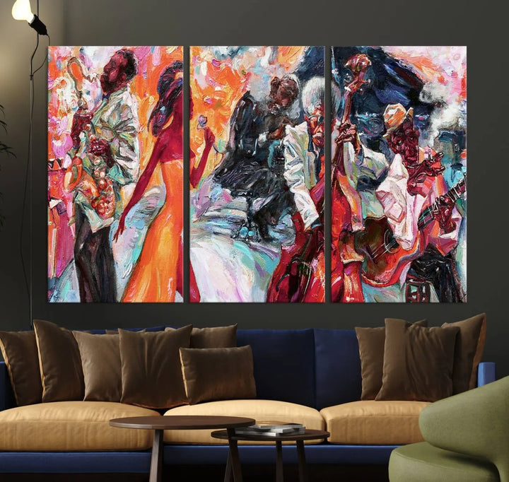 The Fantastic Abstract Jazz Band Music Canvas Wall Art Prints, featuring a UV-protective coating and crafted on museum-quality canvas, hang against a dark wall. These vibrant pieces come ready to hang and infuse an artistic flair into the living space.