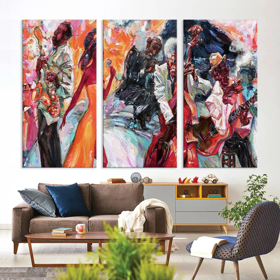 The Fantastic Abstract Jazz Band Music Canvas Wall Art Prints, featuring a UV-protective coating and crafted on museum-quality canvas, hang against a dark wall. These vibrant pieces come ready to hang and infuse an artistic flair into the living space.