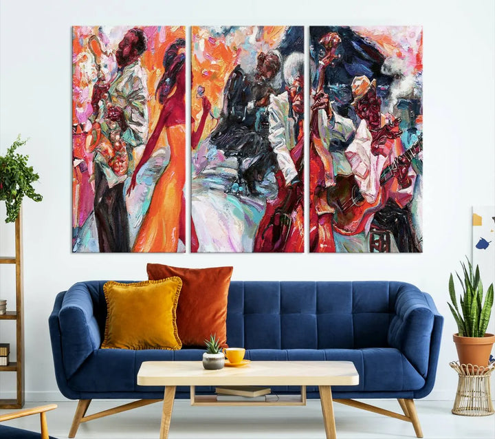 The Fantastic Abstract Jazz Band Music Canvas Wall Art Prints, featuring a UV-protective coating and crafted on museum-quality canvas, hang against a dark wall. These vibrant pieces come ready to hang and infuse an artistic flair into the living space.