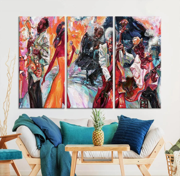 The Fantastic Abstract Jazz Band Music Canvas Wall Art Prints, featuring a UV-protective coating and crafted on museum-quality canvas, hang against a dark wall. These vibrant pieces come ready to hang and infuse an artistic flair into the living space.