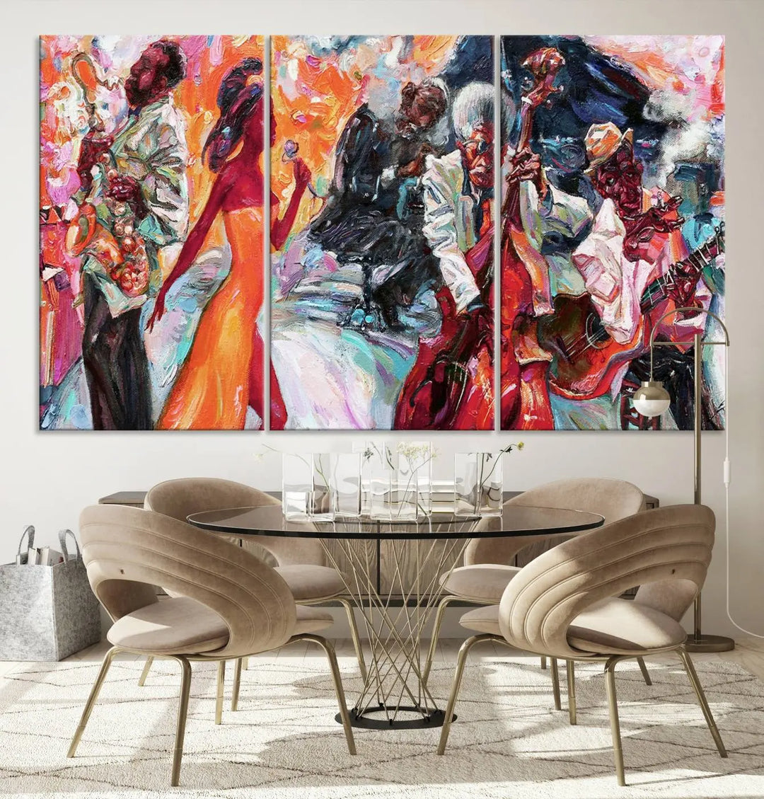 The Fantastic Abstract Jazz Band Music Canvas Wall Art Prints, featuring a UV-protective coating and crafted on museum-quality canvas, hang against a dark wall. These vibrant pieces come ready to hang and infuse an artistic flair into the living space.