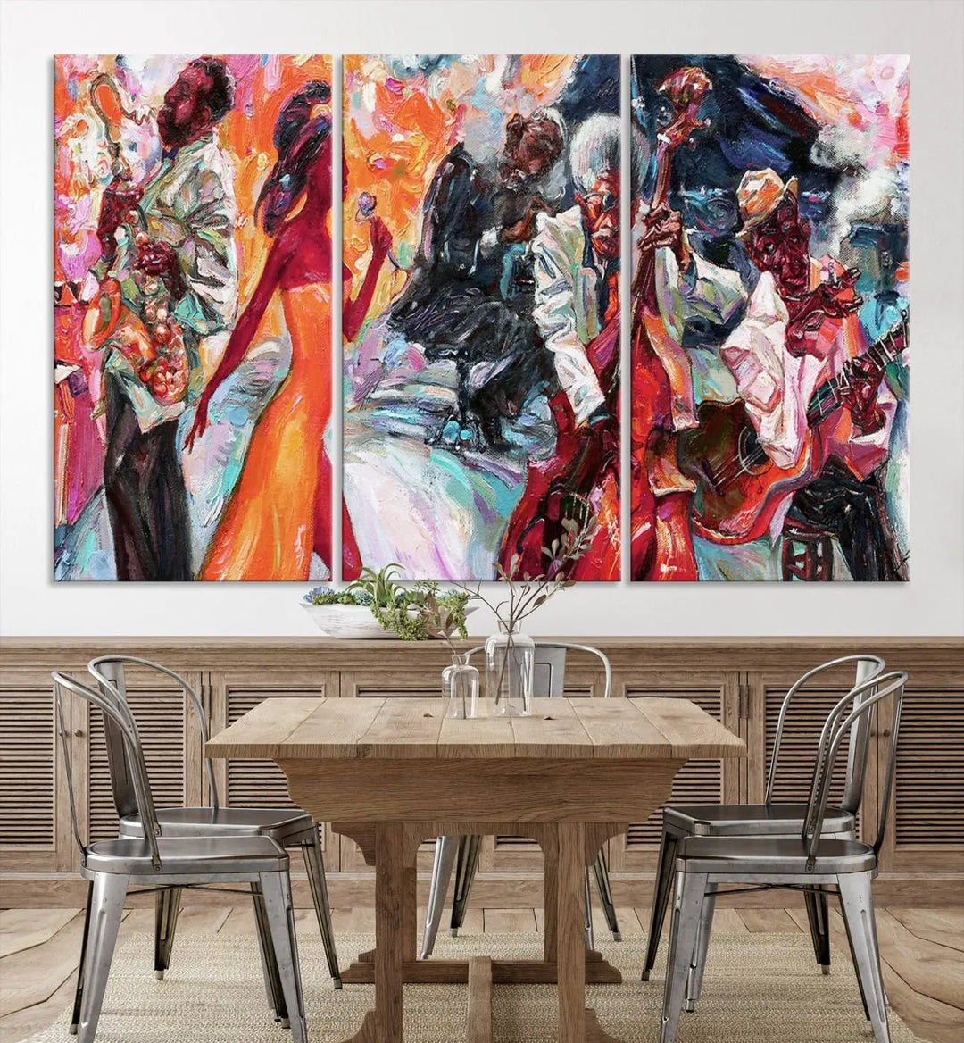 The Fantastic Abstract Jazz Band Music Canvas Wall Art Prints, featuring a UV-protective coating and crafted on museum-quality canvas, hang against a dark wall. These vibrant pieces come ready to hang and infuse an artistic flair into the living space.