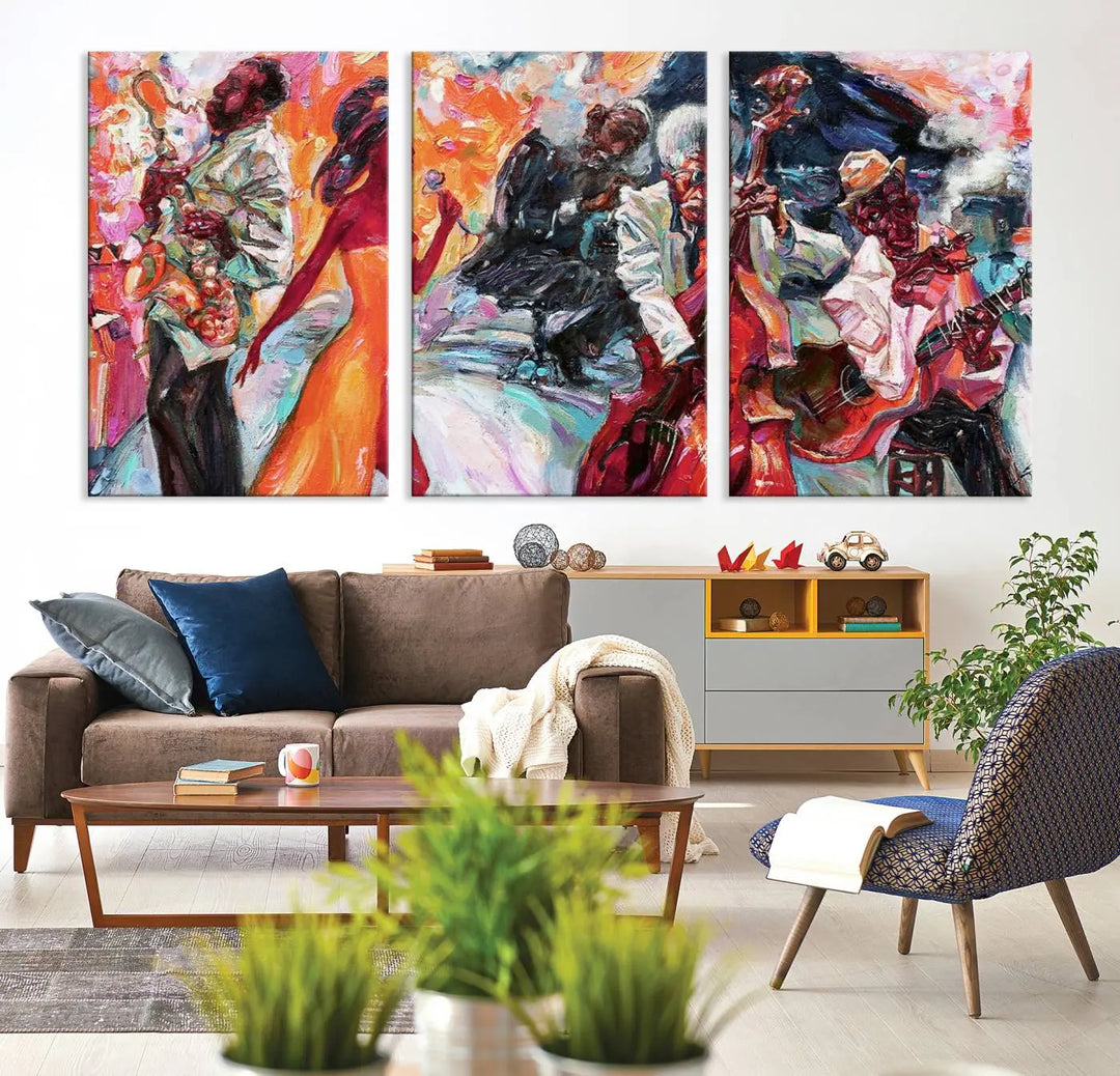 The Fantastic Abstract Jazz Band Music Canvas Wall Art Prints, featuring a UV-protective coating and crafted on museum-quality canvas, hang against a dark wall. These vibrant pieces come ready to hang and infuse an artistic flair into the living space.