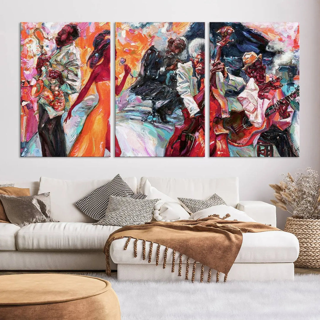 The Fantastic Abstract Jazz Band Music Canvas Wall Art Prints, featuring a UV-protective coating and crafted on museum-quality canvas, hang against a dark wall. These vibrant pieces come ready to hang and infuse an artistic flair into the living space.