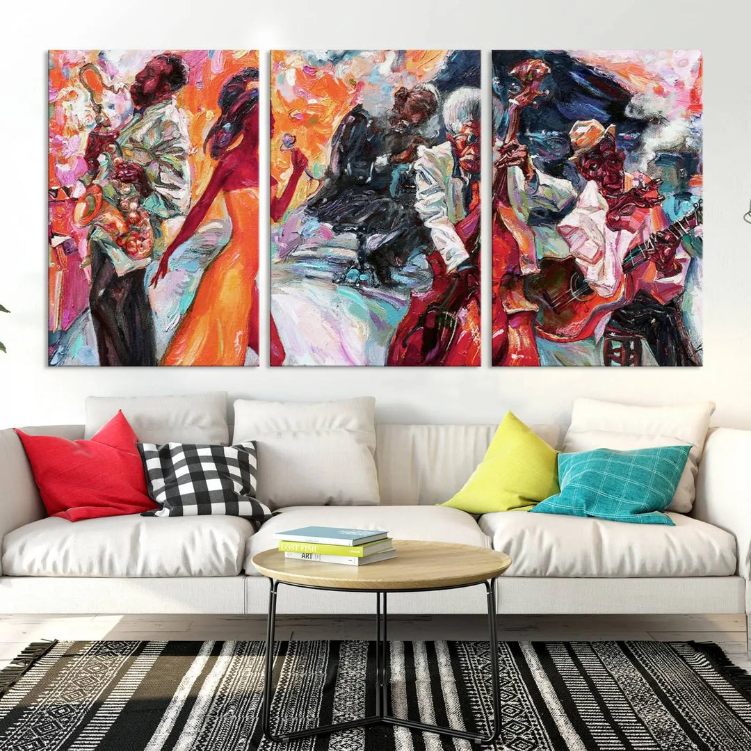 The Fantastic Abstract Jazz Band Music Canvas Wall Art Prints, featuring a UV-protective coating and crafted on museum-quality canvas, hang against a dark wall. These vibrant pieces come ready to hang and infuse an artistic flair into the living space.