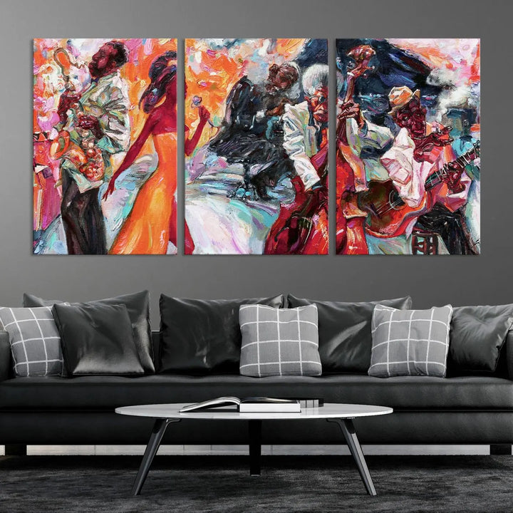 The Fantastic Abstract Jazz Band Music Canvas Wall Art Prints, featuring a UV-protective coating and crafted on museum-quality canvas, hang against a dark wall. These vibrant pieces come ready to hang and infuse an artistic flair into the living space.