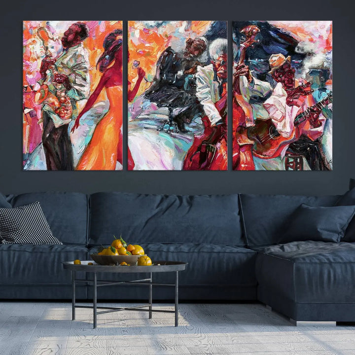 The Fantastic Abstract Jazz Band Music Canvas Wall Art Prints, featuring a UV-protective coating and crafted on museum-quality canvas, hang against a dark wall. These vibrant pieces come ready to hang and infuse an artistic flair into the living space.