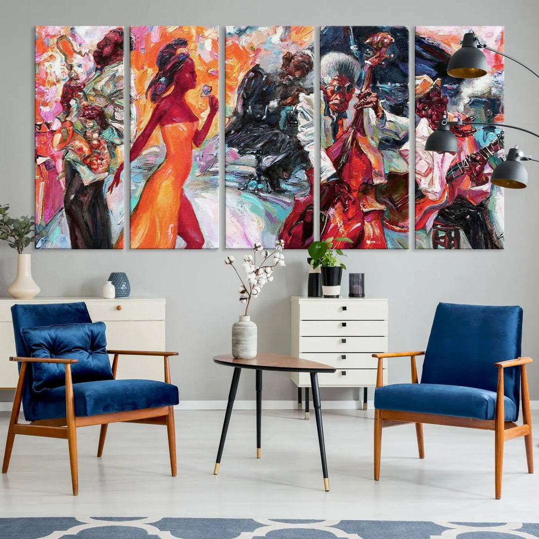 The Fantastic Abstract Jazz Band Music Canvas Wall Art Prints, featuring a UV-protective coating and crafted on museum-quality canvas, hang against a dark wall. These vibrant pieces come ready to hang and infuse an artistic flair into the living space.