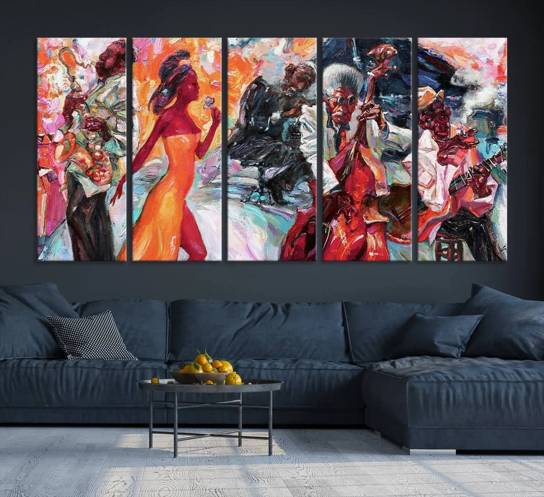 The Fantastic Abstract Jazz Band Music Canvas Wall Art Prints, featuring a UV-protective coating and crafted on museum-quality canvas, hang against a dark wall. These vibrant pieces come ready to hang and infuse an artistic flair into the living space.