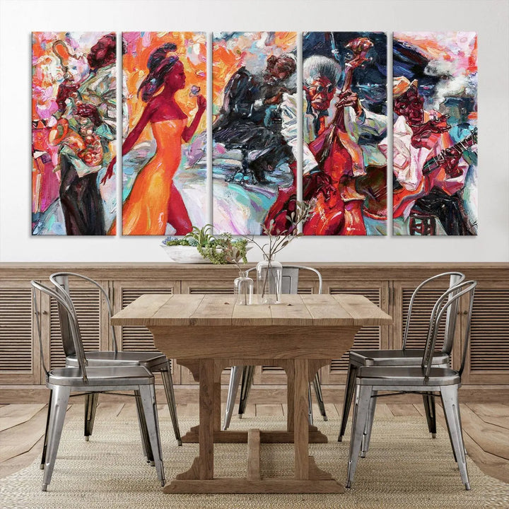 The Fantastic Abstract Jazz Band Music Canvas Wall Art Prints, featuring a UV-protective coating and crafted on museum-quality canvas, hang against a dark wall. These vibrant pieces come ready to hang and infuse an artistic flair into the living space.